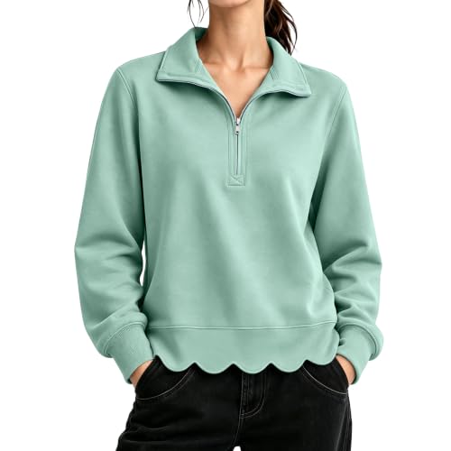 Quarter Zip Sweatshirt Women Collared Scalloped Casual Pullover Sweatshirts - image 2