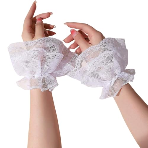 Lolita Lace Gloves Hand Sleeve Lace Elastic Bracelet Ruffled Floral Lace Wrist Cuffs for Party Wedding Masquerade
