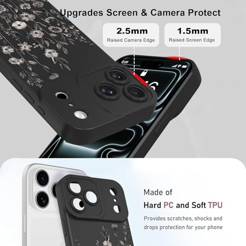 Image of Designed for iPhone 17 Pro Case, Cute Flower Floral Pattern Liquid Silicone Phone Case, Slim Soft TPU Protective Cover for Women Girls, Black