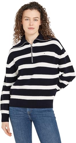 Tommy Hilfiger Women’s Half Zip Knitted Jumper, Multicolor (Desert Sky/Ivory Petal Stripe), M