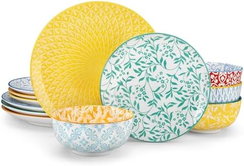 vancasso Selene Colorful Floral Porcelain Dinner Set for 4, 12 Pieces Plates and Bowls Set Dinnerware Sets with Dinner Plates/Dessert Plates/Cereal Bowls, Mircowave & Dishwasher Safe