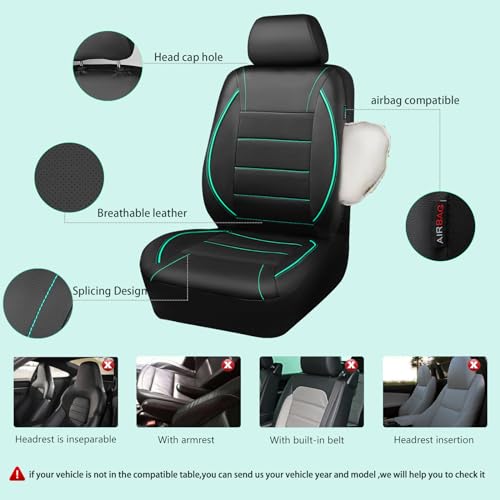 Image of CAR PASS Universal FIT Piping Leather Car Seat Cover, for suvs,Van,Trucks,Airbag Compatible,Inside Zipper Design and Reserved Opening Holes (Full Set, Black and Mint)