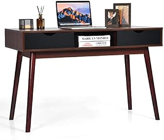COSTWAY Computer Desk, Wooden PC Laptop Table Writing Workstation with 2 Drawers, Open Shelf and Solid Wood Legs, Home Office Work Study Desk, Walnut+Black