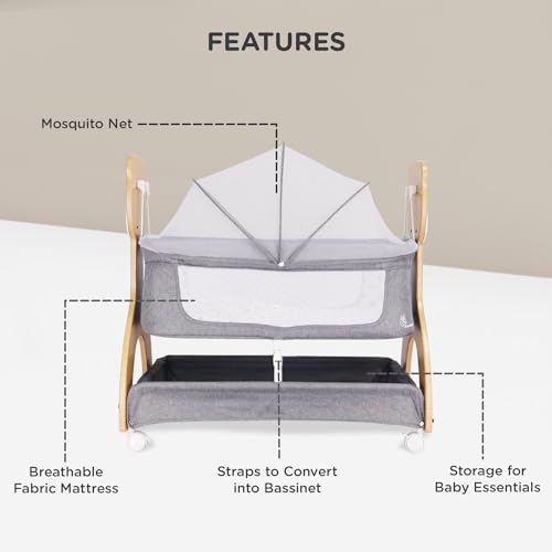 Image of R for Rabbit Lullabies Woodsy 2 in 1 Manual Swing Wooden Cradle Newborn Baby Convertible Cot Bassinet with Mosquito Net, Lockable Wheels & Storage Space for Kids 0-12 Months, Upto 12 Kg (Dark Grey)