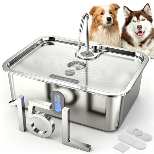 SANXUO Dog Water Fountion for Large Dogs 15L/4 Gal Stainless Steel Automatic Pet Water Dispenser Ultra Quiet Dog Fountain Water Bowl with Water Level Window & LED Light Include 1Set Filter