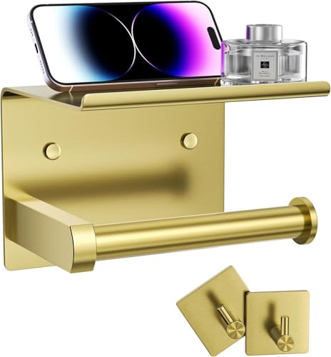 Tindbea Porte Papier Toilette Mural avec Tablette + Crochets pour Serviettes et Peignoirs, Porte-Rouleaux de Papier Hygiénique en Acier Inoxydable à Fixer au Mur par Adhésif ou par Vis (Or Brossé)