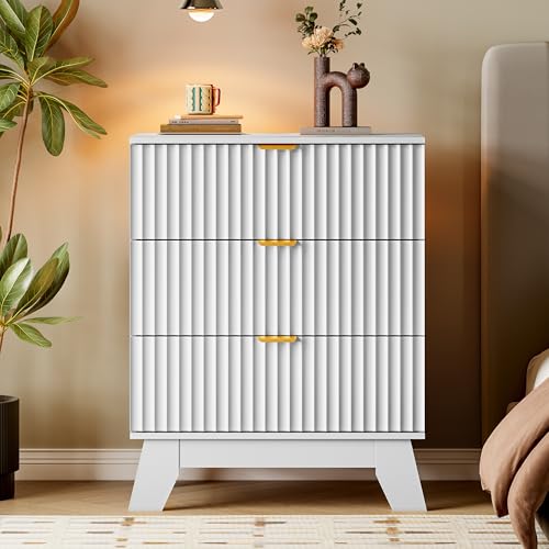 Image of BORNOON Fluted 3 Drawer Dresser, 30.3 inch Tall Compact Modern Boho Chest of Drawers, Wooden Storage Cabinet for Bedroom, Living Room, Entryway, Curved Profile Design