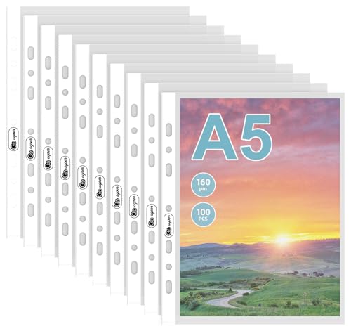 100 Klarsichtfolien A5 Extra Stark Prospekthüllen DIN A 5 Stabil 160my Plastikhülle mit 7 Lochung Transparent Dokumentenhüllen a5 Folienhüllen Stammbuch A-5 Fotohüllen Genarbt für Schule Uni Büro