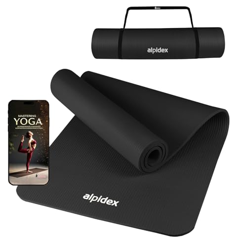 ALPIDEX Esterilla Yoga 183 x 60 x 0.8cm Colchoneta Pilates Antideslizante E-Book Sin Ftalatos Tapete Gymnasia Correa Transporte Alfombra Deporte Fitness Ejercicios Mat Gimnasio Casa, Color:Black