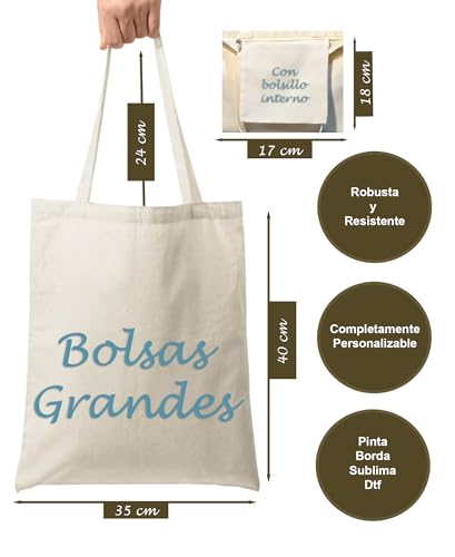 Miniatura 2 de Bolsas De Tela 35x40cm Con Cremallera Y Bolsillo. Prácticas Y Versátiles. Ideales Para Compras, Universidad, Trabajo Y Pintar. Tote Bag Grande Y Reutilizable Para Mujeres. Bolso Tela Blanca 5