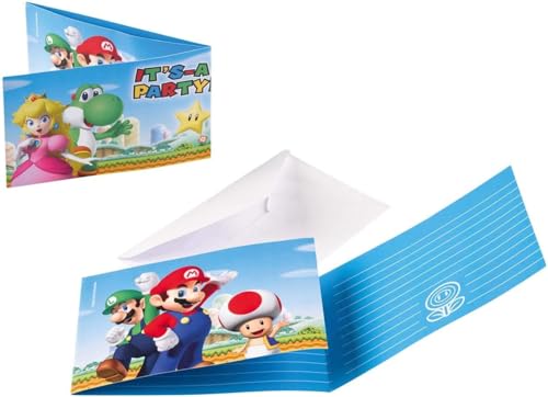 AMSCAN EUROPE GMBH Conjunto de 8 convites e envelopes Super Mario Bros para aniversário infantil ou festa temática, cartões de convite para crianças Luigi Toad