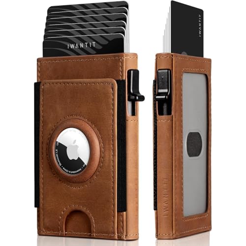 AirTag Wallet for Men - Full Grain Leather Minimalist Slim Wallet with AirTag Holder RFID Blocking Pop Up Card Case Front Pocket Wallet with ID Window 5-6 Cards & Cash (Brown)