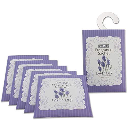 Awinro Lavender Scented Sachets, Drawer Closet Dresser Car Fragrant Bags, Closet Deodorizer, Moth Repellent, Fresh Fragrance Packets with Hanger, Set of 6 Packs
