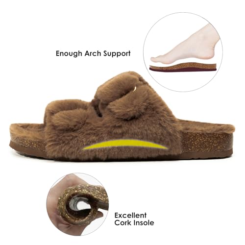 FITORY Womens Open Toe Slipper with Cozy Lining,Faux Rabbit Fur Cork Slide Sandals Size 6-113