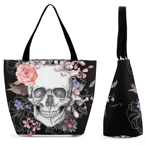 Sac de shopping pour voyage à motif crâne blanc fleur grand sac à main pour femme à bandoulière