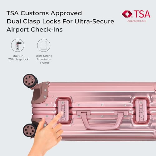Image of Verage Luxe Secure Jet Full Aluminium Body (44 Liters) Cabin Size Luggage with Zipper Less Frame Closure & Dual TSA Clasp Locks Spinner Suitcase Trolley Bag (Rose Gold, 20 inch / 57 Cms)