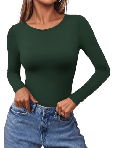 Ekouaer Long Sleeve Shirts for Women Scoop Neck Tight Slim Basic Fitted Top - image 1