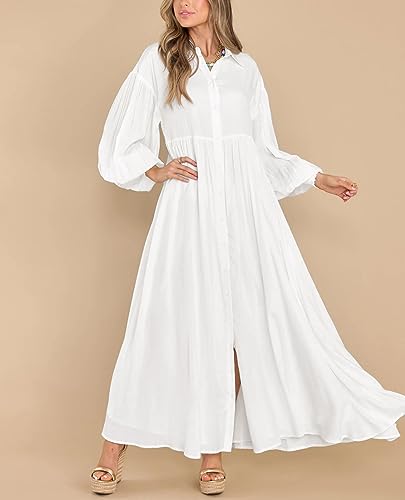 Image of chouyatou Women's Casual Long Sleeve Button Down Shirt Dress Elegant Pleated Flowy Swing Maxi Dress