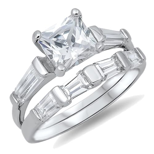 DoubleAccent Sterling Silver White CZ 2-pieces Wedding band Set 8MM (Size 5 to 10)