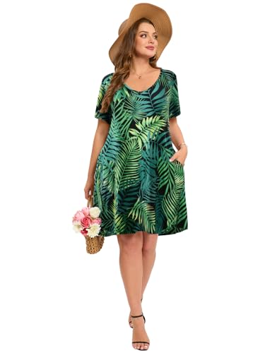 Image of ZENNILO Women's Plus Size Swing Dress with Pockets Casual Summer Dresses V Neck Short Sleeve T Shirt Dress for Women