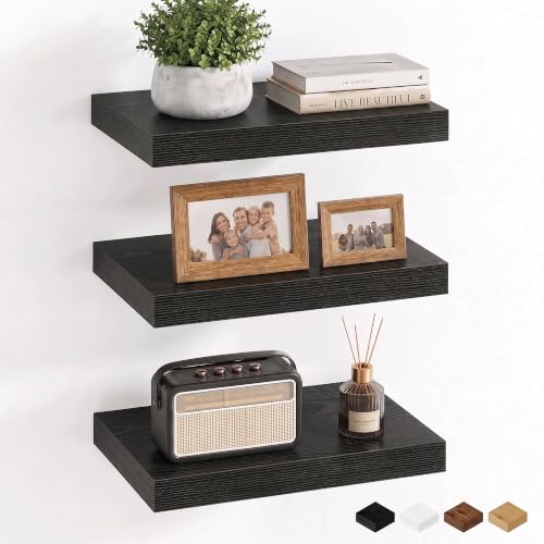16 Inch Floating Shelves for Bathroom Black, 8" Deep Wall Shelf, Set of 3