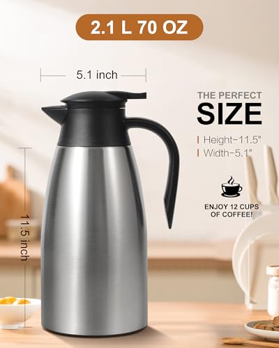 Image of 70Oz Thermal Coffee Carafe for keeping hot, 2 PCS Updated Carafe for hot liquid, Insulated Coffee Carafe Stainless Steel Thermal Pot for Coffee, Hot Water,Keep Hot 12 Hours (silver+silver)
