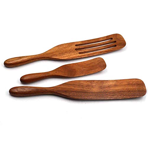 Kitchen Utensils Set,Wooden Spurtles Set,Glgzzom 3Pcs Natural Acacia Kitchen Utensil Setï¼Œ100% Healthy Hard And Durable Wood Spurtle Sets For Salad Stir, Cake Make And Pan-Fried Steak