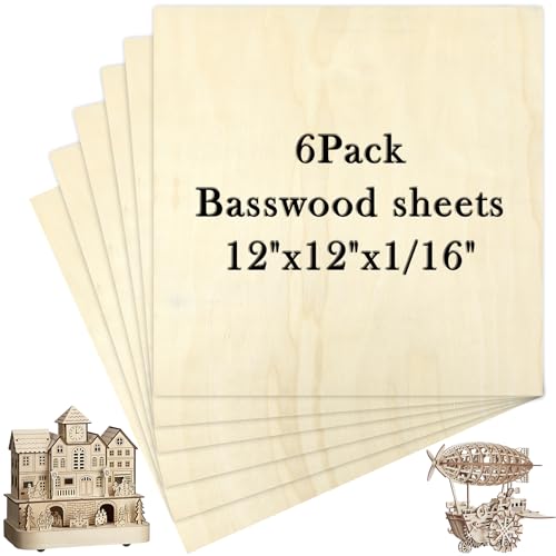 6 Pack Basswood Sheets 12x12 x 1/16 Inch Thin Plywood Balsa Wood Sheets Unfinished Wood Squares Boards Balsa Wood Sheets for Crafts Laser Cutting Wood Burning and Drawing (12 x 12 inch-6pcs)