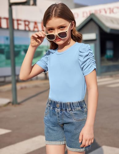 Image of Arshiner Girls Puff Short Sleeve Shirts Summer Ribbed Knit Crewneck T Shirt Tops Tee Blouse