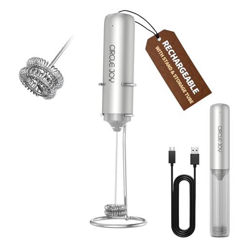 Image of CIRCLE JOY Rechargeable Milk Frother Handheld with Stand,Dual Spring Whisk Electric Coffee Frother Wand, Portable Hand Frother Drink Mixer for Matcha Lattes Cappuccino, Coffee Lover Gift, Silver