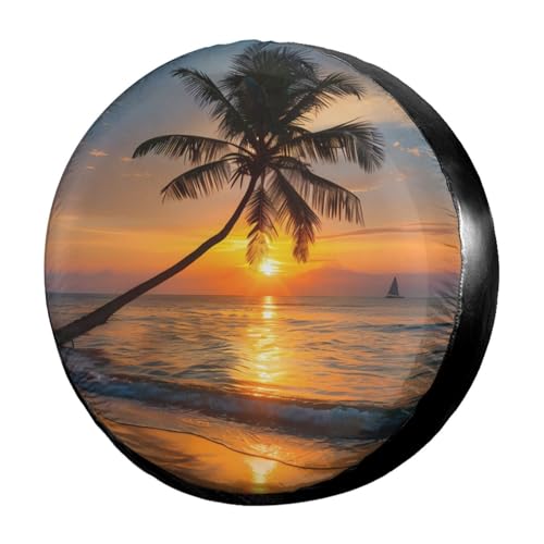 Image of Tropical Beach at Beautiful Sunset Spare Tire Cover Dust-Proof Wheel Tire Cover Fit Trailer, RV, SUV and Many Vehicle 17 Inch