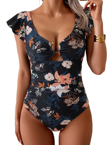 Image of Eomenie Womens Ruffled One Piece Swimsuit Slimming Tummy Control Bathing Suit V-Neck Cutout Swimwear for Resort Wear