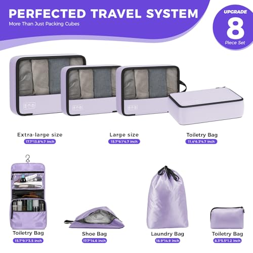 8-Piece Compression Packing Cubes for Travel, Elegant Ultralight Luggage Organizer Set for Women, Space Saving for Carry-On, Suitcase & Vacation Cruise Travel - Purple — view 5