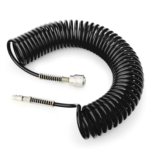 GASHER 1/4' x 10m Manguera de aire de poliuretano de 8mm de diámetro exterior con limitador de curvatura, acoplador rápido y enchufe de 1/4' Europa, para compresor de aire, negro