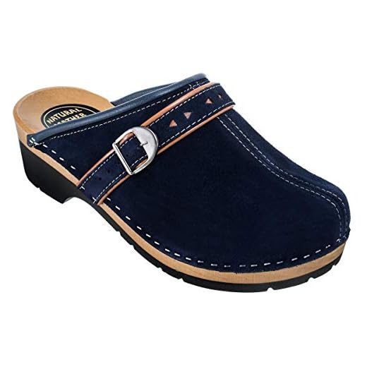 ESTRO Damen Clogs Leder Schuhe aus Holz CDL05 (Dunkelblau, 39)