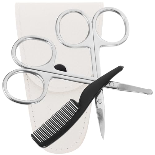OATIPHO Juego de Tijeras para Barba y Bigote de Acero Inoxidable Kit de 4 Piezas Tijeras Puntiagudas y Redondas Peine Pequeño y Estuche de Cuero Blanco Adecuado para Cuidado Personal y