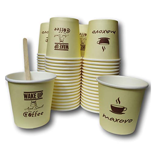 maxovo™ – Paquete de 200 Vasos Desechables Reciclables de Cartón + 200 Agitadores de Madera – Ideales para Todo Tipo de Bebidas Calientes – Té, Café, Chocolate, etc.
