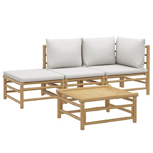 vidaXL Salon de Jardin avec Coussins 4 pcs, Ensemble de Canapés avec Repose-Pied, Ensemble de Meubles avec Dossier, Mobilier de Patio Terrasse, Gris Clair...