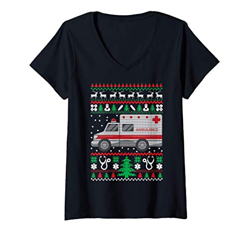 Femme Cadeaux paramédiques EMT EMS Moche Noël Fête drôle T-Shirt avec Col en V