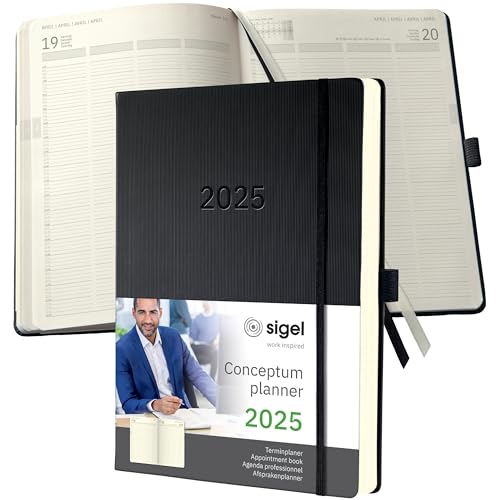 SIGEL C2504 Planungsbuch XXL, Terminkalender 2025, A4+, 1 Tag = 1 Seite, für 4 Personen, schwarz, Hardcover, 480 Seiten, Gummiband, Stiftschlaufe, Archivtasche, PEFC-zertifiziert, Conceptum