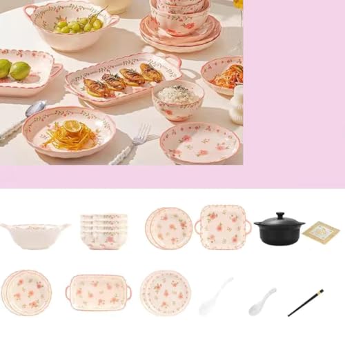 高温焼成 ローズ柄 陶磁器食器セット, 4人用〜12人用, 電子レンジ・食洗機対応, 釉下彩 (8人用47点)