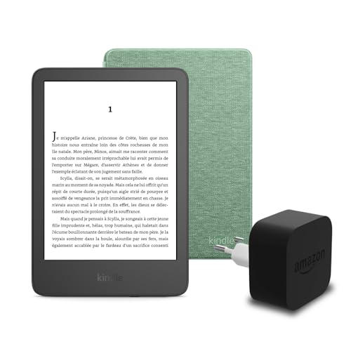 Le nouveau Kindle (version 2024) 16 GB sans publicité, une housse en tissu Amazon et un adaptateur secteur Amazon Powerfast 9 W.