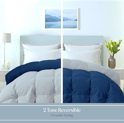Image of ROYALE LINENS Reversible Comforter - Queen Size Duvet Insert - All Season Soft Quilted Comforters with 8 Corner Tabs - Down Alternative Bedding Comforter - Duvet Insert (Navy /Silver, Queen 88 inchx88 inch)