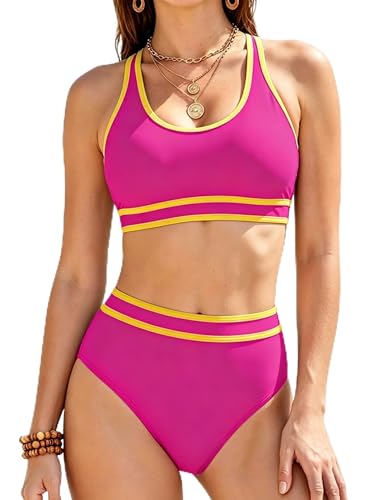 Bikini taille haute rose vif S maillot de bain deux pièces sport