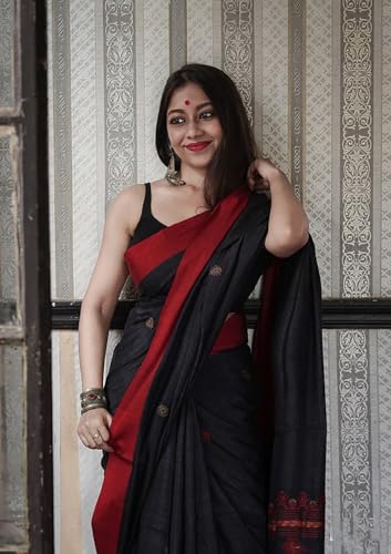 Image of Women's Cotton Woven Soft Sarees With Attach Blouse Piece.