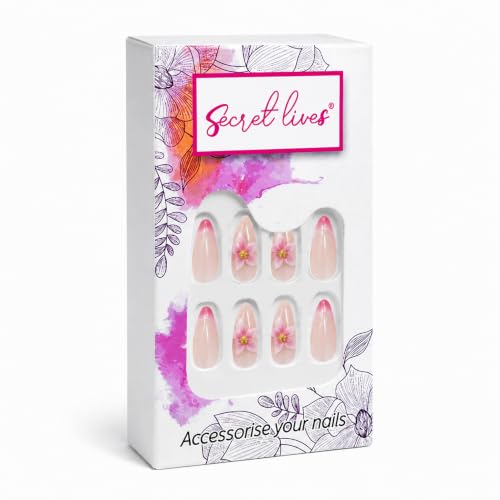 Image of Secret Lives Pink French Tip Press-On Nails, Nude Pink Almond Fake Nails with 3D Flower Golden Accents Artificial Nail Art, 24-Piece Set with Kit