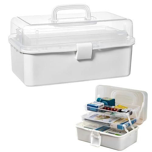 East Leaf 救急箱 薬箱 薬ケース 薬入れ 3段 ツールボックス 工具箱 収納箱 大容量 おしゃれ 透明 取っ手 白 （中）のサムネイル