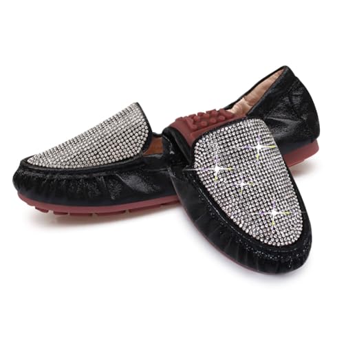 KUNWFNIX Women's Ballet Flats Foldable Classic Crown Rhinestone Slip On Flowers PU Leather Pointed Toe Comfort Flat Casual Dress Shoes 6 #B2-silver