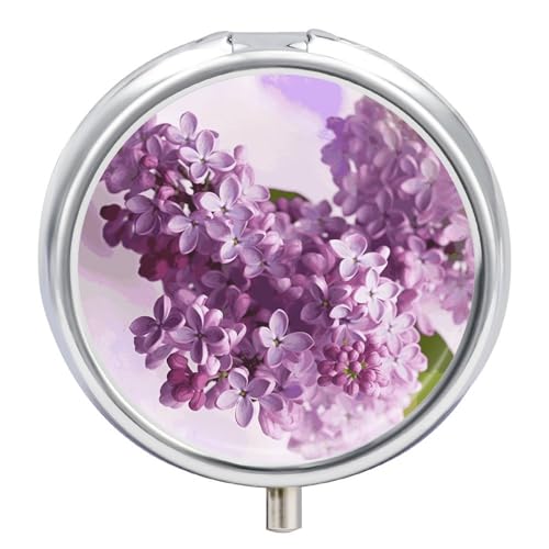 Portable Pill Organizer Small Pill Box Lilac Flowers 3 Compartment Medicine Vitamin Organizer Travel Medicine Organizer with Mirror & Button Closure Cute Medication Case for Purse