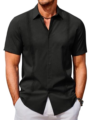 COOFANDY Cuban Guayabera Shirts for Men Casual Short Sleeve Button Up Shirt Summer Beach Vacation Shirt Black